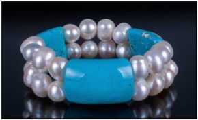 Turquoise Howlite and White Freshwater Pearl Bracelet, three curved, rectangular panels of