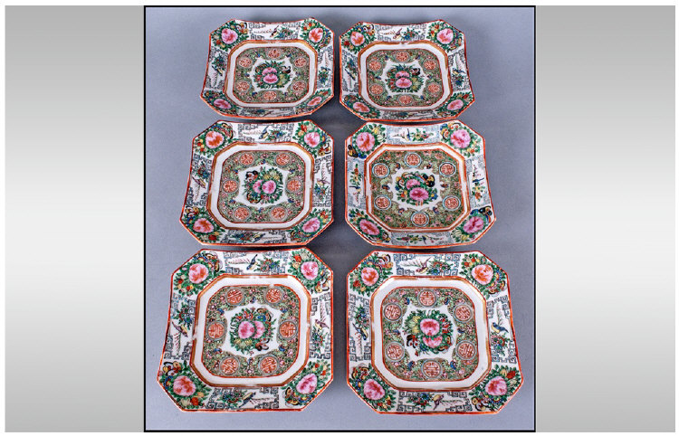 Chinese Early To Mid 20th Century Set Of Six Cantonese Square Shaped Plates. Sizes 6 x 6 inches.
