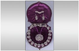 Victorian Cut Steel Necklace, Earrings and Brooch Set, the necklace comprising twenty shield shaped