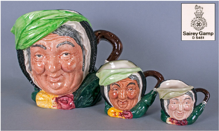 Royal Doulton Character Jugs, 3 In Total. 1, Sairey Gamp large, D 5451, height 6.25 inches. 2,