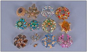 Small Collection of Costume Brooches (12) in total. Various brightly coloured stones. c 1940`s