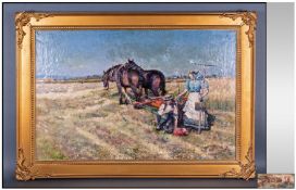 J Woods Late Victorian Oil On Canvas Ploughing The Fields, Signed and dated lower right J Wood 98.