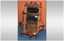 Small Edwardian Rosewood Inlaid Wall Mirror, bracket shelf with turned spindles supporting a two