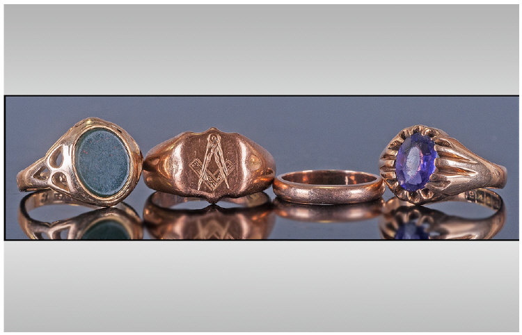 Collection Of Four Gold Rings, Comprising Gents 9ct Masonic, 2 x Gents Signet  Rings And A Wedding