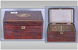 Early Victorian Inlaid Rosewood Tea Caddy. The top inlaid with brass silvered metal cartouche, the