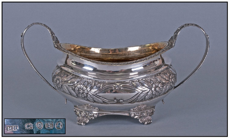 George VI Fine Silver Two Handled Sugar Bowl, with embossed floral decoration to body. Handles and