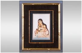 A Fine Quality Indian Painting On Ivory, depicting an Indian girl contemplating at the waters edge.