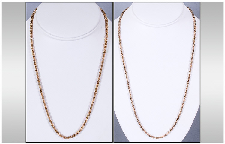 9ct Gold Rope Chains, 2 in total. Fully Hallmarked. 24 & 19`` in length. 19.4 grams.