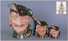 Royal Doulton Character Jugs Set Of Three. 1, Robin hood large, D 6527, height 7.5 inches. 2, Robin