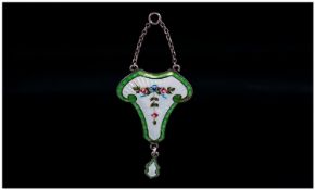 Early 20th Century Art Nouveau Silver Guilloche Enamel Pendant Drop Of Shaped Form, with floral