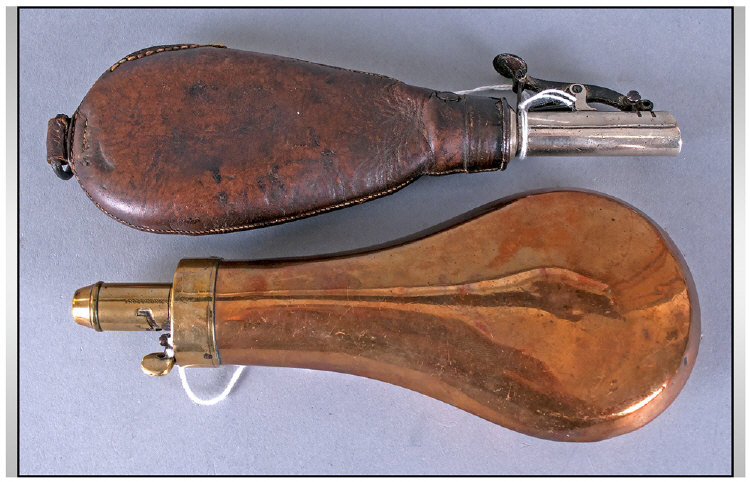 Leather Clad Powder Horn, white metal mounted, marked to to ``Moore & Grey`` Together with a copper