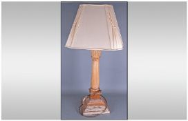 Contemporary Carved Wood Column Lamp, with carved capital, with a matching cloth shade. Overall