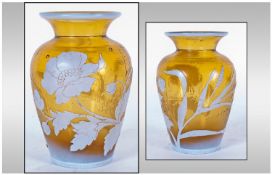 Small Cameo Glass Vase, the body of yellow with white roses in white cameo cut to the body.