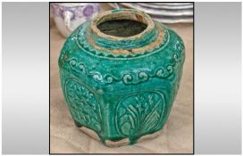 Green Stone Ware Glazed Majolica Vase, hexagonal form, various panels showing images and floral