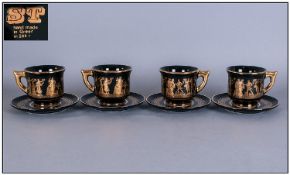 Set of 4 Hand Made Large Cups and Saucers, ` 24k ` Gold Decoration on Black Ground. Made In Greece.