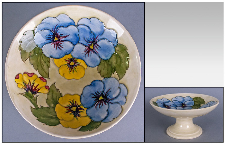 Moorcroft Pedestal Bowl, Pansy pattern on white ground. Height 3.5 inches, diameter 7 inches.