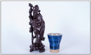 Oriental Carved Wood Figure Of A Sage with Japanese stoneware glaze Saki cup.