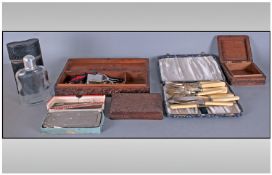 Small Box Of Assorted Collectables including Rolls Boxed Razor, hip flask, wooden boxes, flatware