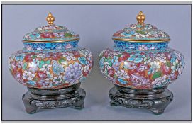 Pair Of Chinese Lidded Cloisonne Vases, highlighted in gilt work, depicting famile rose coloured