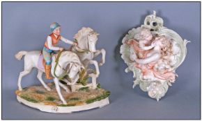Grafenthal Bisque Jockey and Horses Figure Group, plus a German bisque `Cupid and Psyche` wall