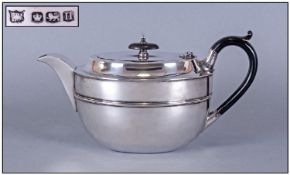 1930`s Silver Teapot Of Plain Form with reeded border. Hallmark Sheffield 1930. Makers mark E.B.