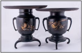 A Pair of Japanese Bronze Late Meiji Period Vases. With an adaptable circular bronze top in the