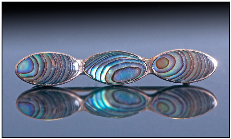 Early 20thC Abalone Paua Shell Brooch, Set With Three Oval Pieces Of Shell, Marked 9ct To Reverse