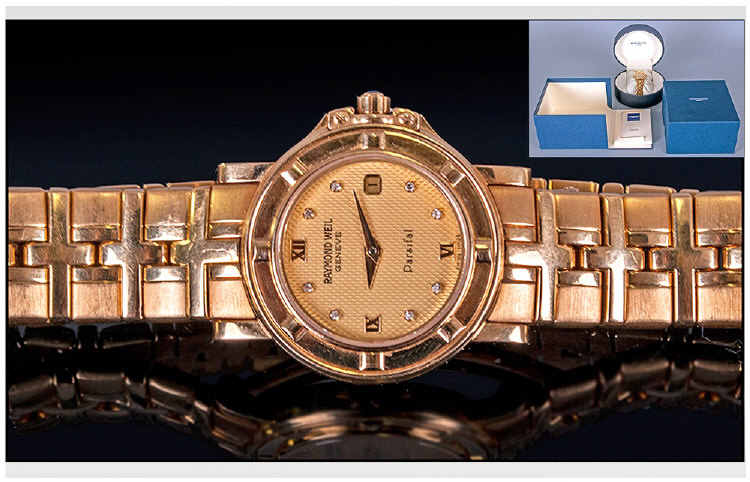 Raymond Weil Parsifal 18ct Gold Cased Date Just Wristwatch. With 18ct gold integral bracelet and