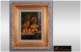R Luini 20th Century Italian Artist, Still life fruits study, oil on board, signed, framed. 9 x 6.5