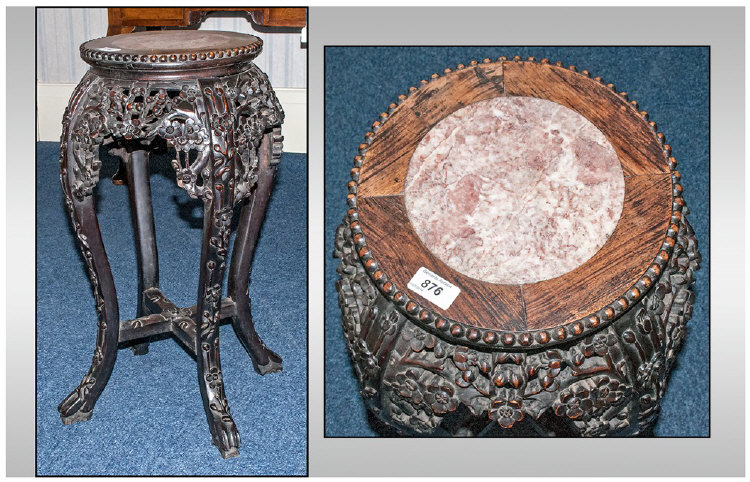 19th Century Chinese Carved Stand, the circular top inset with marbled top.