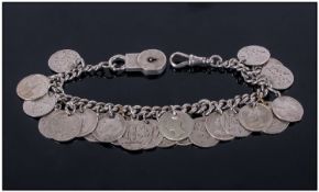 A Vintage Silver Coin Bracelet, loaded with silver three pences, mostly Victorian. 51.3 grams.