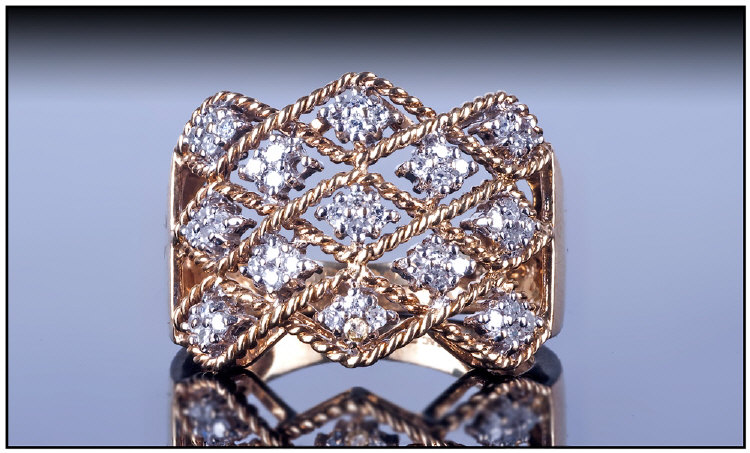 9ct Gold Diamond Cluster Ring, Set with round cut diamonds in a open rope twist border. Fully