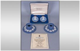 Wedgwood Royal Wedding Collection 1981. A pair of portrait miniatures in White on Jasper Blue with