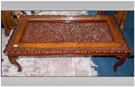 Carved Rosewood Brass Inlaid Indian Low Table, in the colonial style on cabriole legs. The top