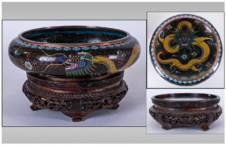 A Good Quality Chinese Antique Cloisonne Enamel Bowl, to the centre a swirling dragon design in