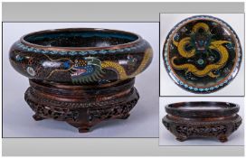 A Good Quality Chinese Antique Cloisonne Enamel Bowl, to the centre a swirling dragon design in