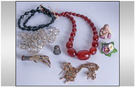 Small Bag of Costume Jewellery including jet and toffee amber style beads, crystal necklace,
