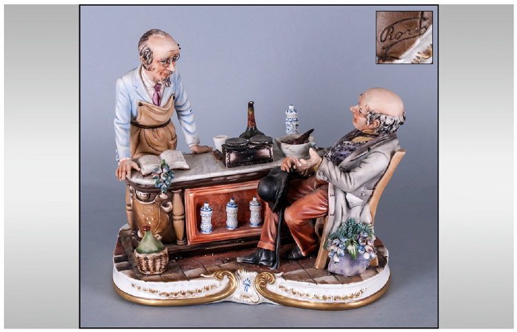 Capodimonte Signed And Early Group Figure. The chemist/apothecary shop. Signed R Guidolin. Height 9