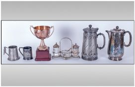 Collection Of Pewter Items Including Goblets, trophey & Silver Plated Cruet Set.