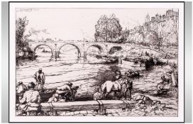 Auguste Lepere (French 1849-1918). L`Abreuvoir Au Pont Marie. Original etching. 9 x 12 inches