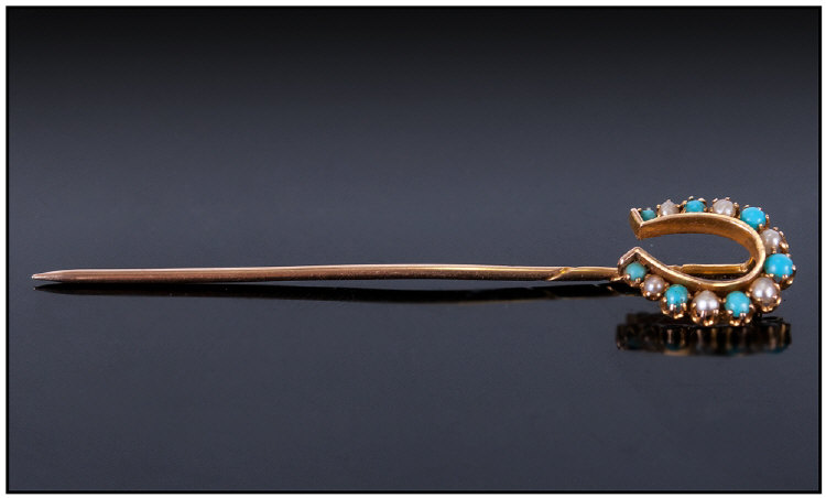 Victorian 15ct Gold Horseshoe Stick Pin, set with turquoise and seed pearls. Marked 625, 15ct.