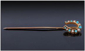 Victorian 15ct Gold Horseshoe Stick Pin, set with turquoise and seed pearls. Marked 625, 15ct.