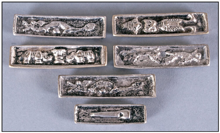 Vietnamese Opium White Metal Trade Bars. 5 in total. All embossed to the fronts with images. Each