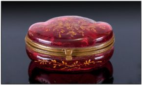 Victorian Ruby Glass Pill Trinket Lidded Box, shaped form, finely decorated in enamels depicting