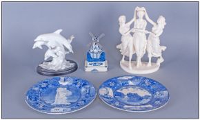 Collection Of Ceramics Including  Dolphin figure on plinth, two blue & white cabinet plates,