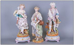 German Fine Late 19th Century Pair Of Hand Painted Bisque Figures, in 18th century dress. Each