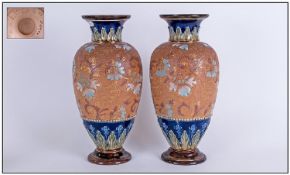 Doulton & Slater Fine Pair Of Chine Ware Vases. With textured netted background surface and