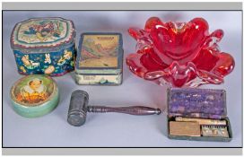 Box of Miscellaneous including a Ruby Glass dish, along with an Auctioneers Gavel, plus three tins