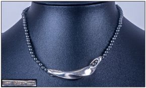 Georg Jensen Modern Jewellery. Black hematite bead necklace mounted with an integral free form
