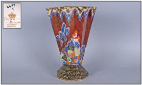 Crown Devon Art Deco Lustre Tapered And Fluted Shaped Vase, shape number 2407, ruby red colour way,